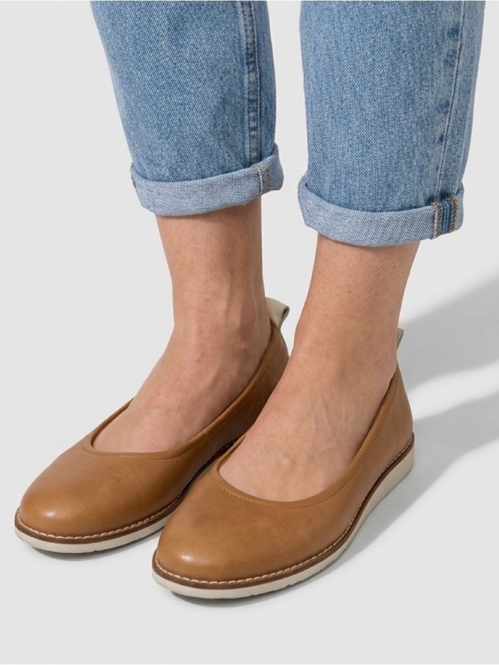Brioso Emmaline Tan Leather Upper Cream Rubber Sole Slip-On Ballet Flats